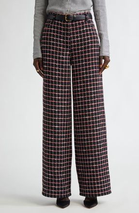 St. John Windowpane Check Tweed Wide Leg Pants in Black/Haute Red/Pearl Multi at Nordstrom, Size 6