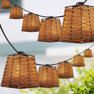 Jonathan Y Designs Quinn 10-Light Indoor/Outdoor 10 ft. Classic Vintage Incandescent G40 Square Bamboo Shaded String Lights, Brown