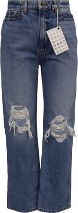 Khaite Ripped High-Rise Straight-Leg Jeans in Blue Cotton Denim