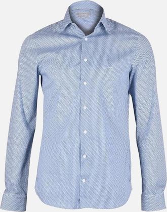 Michael Kors Mens Vertical Logo Print Cotton Stretch Slim-Fit Shirt, Blue - Size: 38/Regular