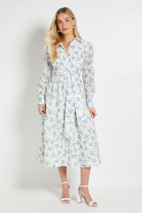 Wallis Womens Petite Floral Embroidered Midi Shirt Dress - White - Size 16 UK