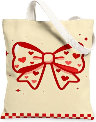 Generic ValentineS Day Bow Canvas Tote Bags, Heart Pattern Reusable Shopping Bags, Lightweight Washable Canvas for Travel, Beach, Beige, 13x15 Inch