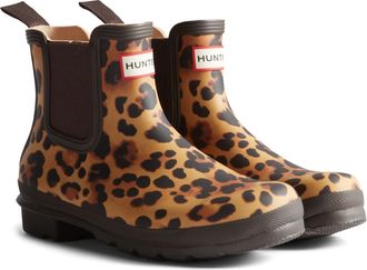 Hunter Original Chelsea Leopard Print Boot Rubber Womens Print/Chocolate Brown Wellington Boots - Multicolour - Size UK 4