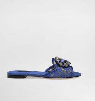 Dolce & Gabbana Slippers In Lace With Crystals - Woman Slides And Mules Blue 38.5