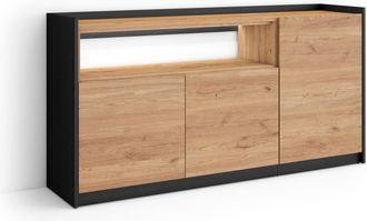 Skraut Home Skraut Home - Aparador Para Sal&oacute;n, Gran Capacidad De Almacenaje, 156x37x80cm, 3 Puertas, Led, Estilo Moderno, Roble Y Negro