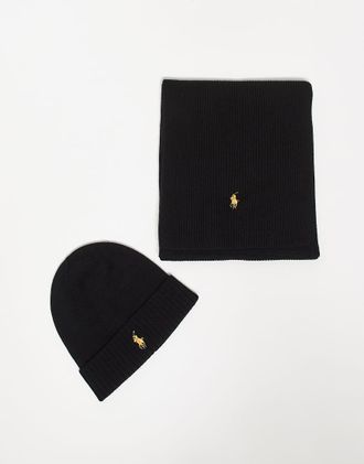 Polo Ralph Lauren Set berretto e sciarpa con logo a icona nero