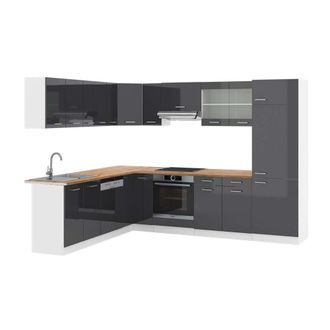 Vicco Cocina Esquinera R-line, Antracita Brillo Intenso/blanco, 227 X 287 Cm, Et Roble, Vicco