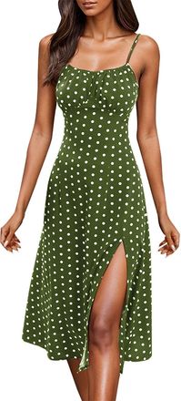 Generic Sundresses for Women UK Summer Dresses Spaghetti Straps Boho Flowy Backless Dress Casual Sleeveless Cocktail Midi Beach Sundress with Split Floral Dre
