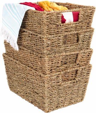 Best Choice Products Set of 4 Multipurpose Stackable Seagrass Storage Laundry Organizer Baskets w/ Handles