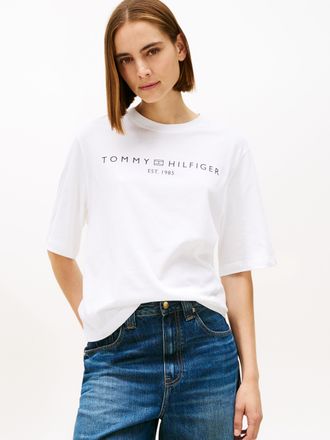 Tommy Hilfiger Langarmshirt TOMMY HILFIGER CORP LOGO TRAPEZE C-NK TEE, Damen, Gr. XXL (44), th optic wei&szlig;, Single Jersey, Obermaterial: 100% Baumwolle, bedruckt, reg