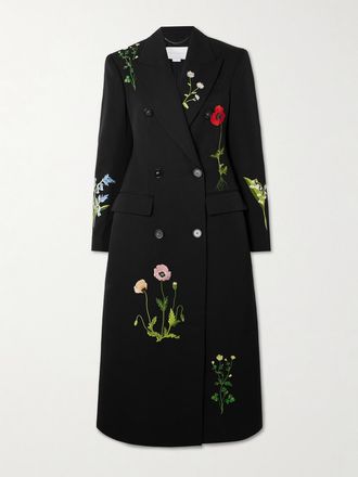 Stella McCartney Cappotto Doppiopetto In Twill Di Lana Con Ricami - Nero