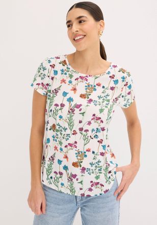 Bonprix Shirtbluse BONPRIX, Damen, Gr. 36, wollwei&szlig; gebl&uuml;mt, Web, Obermaterial: 100% Polyester, bedruckt, gebl&uuml;mt, regular fit h&uuml;ftbedeckend, Rundhals, Blusen