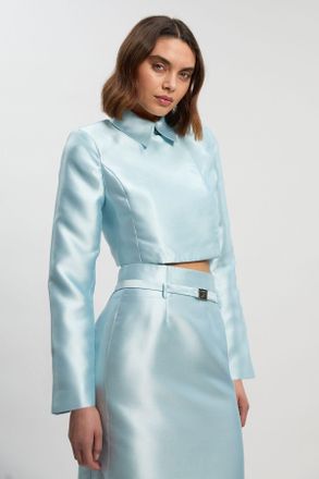 Karen Millen Womens Satin Twill Cropped Wrap Tailored Jacket - Pale Blue - Size 14 UK