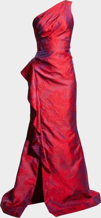 Teri Jon One-Shoulder Side-Ruffle Gown