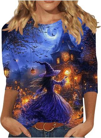 Generic Women 3/4 Sleeve Halloween T Shirt Crew Neck Halloween Graphic Tee Shirts Plus Size Fall Outfits Loose Fit Printed Casual Fashion Tops