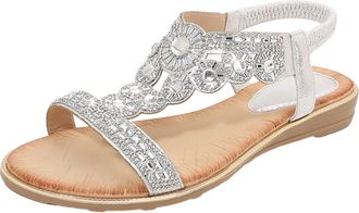 Generic Womens Summer Shoes Womens Summer Fashion Rhinestone Bohemian Incline Heel Hollow Plain Soft Flat Bottom Open Toe Large Sandals Platform Shoes Women W