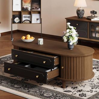Matteo Walnut Wood Finish Coffee Table with 2 Drawers & Roll-Up Door