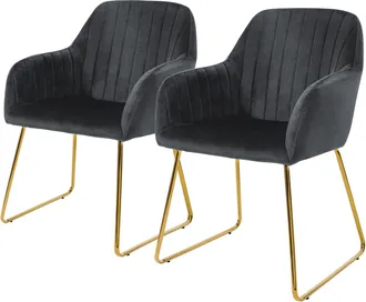 ML Design Ml-design - Juego De 2x Sillas De Comedor Color Gris Asiento Ergon&oacute;mico Acolchado Tapizado De Terciopelo, Patas De Metal Dorado Sill&oacute;n De Dise&ntilde;o Moder