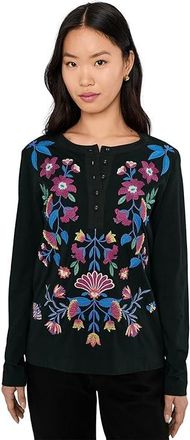 Johnny Was Mixed Media Henley T-shirt - Elizabeth Womens Clothing Black : LG, Cotton