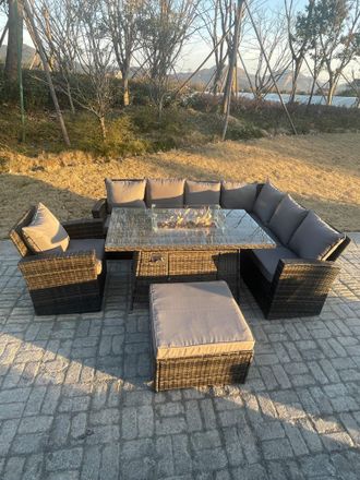 Fimous High Back Rattan Garden Furniture Sets Gas Fire Pit Dining Table Right Corner Sofa Big Footstools Chair 8 Seater in Dark Grey