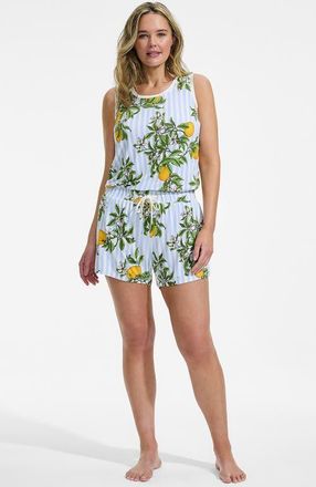 Lands End Cooling 3 Piece Pajama Set - Robe Tank and Shorts in Misty Blue Citrus Stripe at Nordstrom, Size X-Small