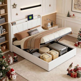 OEM Cama Lit 140x190 Con Somier, Cama 140x190 Con Almacenamiento, Usb Y Tipo C, L&iacute;neas Simples, Lino, Beige