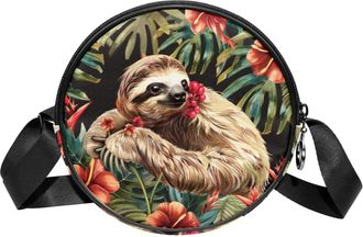 Generic Circle Crossbody Bag for Women, Sloth Tropical flower Small Sling Bag Daypack with Zipper Adjustable Shoulder Straps Casual Ladies Girls Round Purse