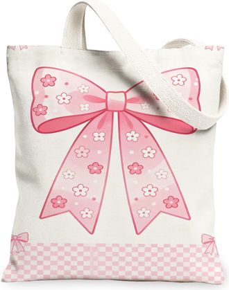 Generic Floral Bow Canvas Tote Bags, Stylish Flower Design Reusable Grocery Bags, Lightweight Washable Shoulder Strap Canvas for Sp, Peach, 13x15 Inch