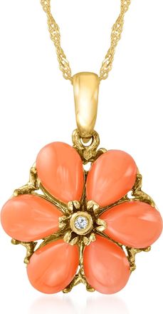 Ross-Simons Coral Flower Pendant Necklace With Diamond Accent in 14kt Yellow Gold
