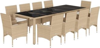 vidaXL Set comedor jardín 11 pzas cojines ratán sintético vidrio beige Vidaxl