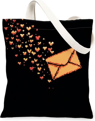 Generic Heart Envelope Canvas Tote Bags, Love Letter Design Reusable Grocery Bags, Fall Floral Vintage Lightweight Washable Shoulder Strap Canvas for Shopping