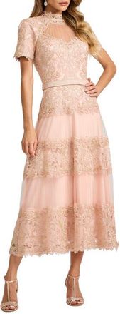 Tadashi Shoji Lace & Mesh Midi Cocktail Dress in Petal/Gold at Nordstrom, Size 10