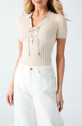 Guess Regina Lace-Up Short Sleeve Polo Sweater in Beige at Nordstrom, Size Medium