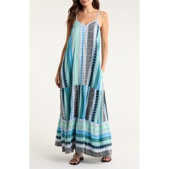 Elan Embroidered Tiered Cotton Blend Cover-Up Maxi Dress in Blue Green Arrow Pri at Nordstrom, Size Medium Regular