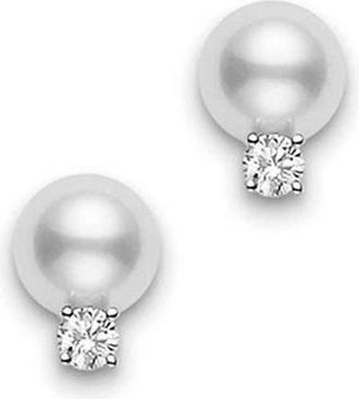 Mikimoto 18K White Gold 7 - 7.5mm Akoya Studs With Diamonds
