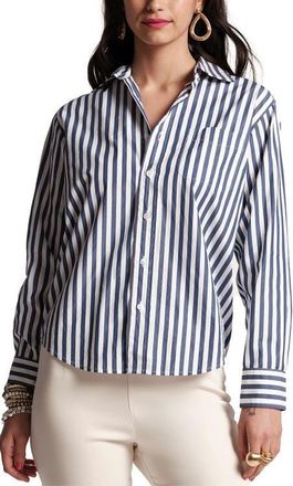 Frances Valentine Perfect Button Down Stripe Cotton Poplin in Navy/white at Nordstrom, Size 1X