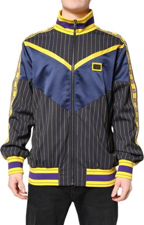 Dolce & Gabbana Mens Black Striped Logo Full Zip Bomber Jacket Virgin Wool Polyester Nylon Clothing