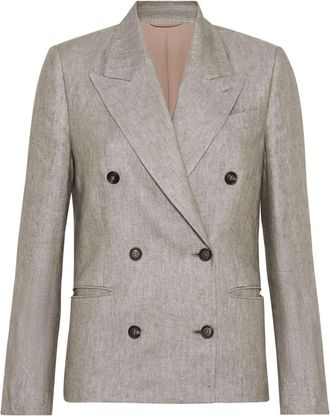 Brunello Cucinelli Monili-detail mélange-effect blazer - women - Polyamide/Linen/Flax/Polyester - 42 - Brown