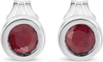 House of Brilliance Silver Bezel Set 3.5mm Created Gemstone Solitaire Stud Earrings in Red Garnet at Nordstrom