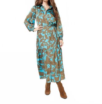 Esqualo Liva Long Expressive Roots Dress In Peacock Blue And Brown