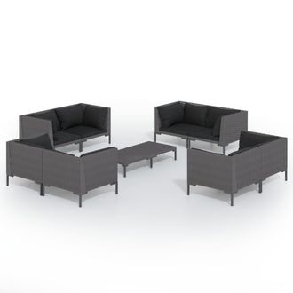 vidaXL Set Muebles Jard&iacute;n 9 Pzas Y Cojines Rat&aacute;n Sint&eacute;tico Gris Oscuro Vidaxl