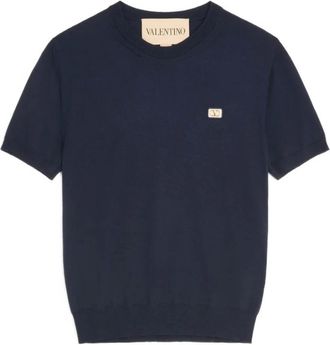 Valentino T-Shirts, male, Blue, Size: 2XL Wool T-shirt with VLogo patch