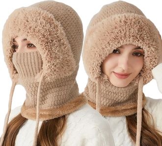 Generic 3 in One Beanie Hat for Women, 2026 Winter Hat Scarf 3-in-1 Set Premium Knitted Adjustable Warm Plush-Lined Hood (Khaki)