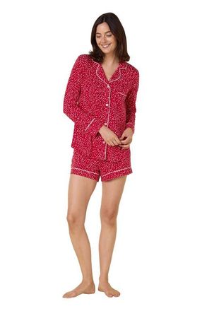 The Cats Pajamas Pima Knit Long Sleeved Short Set in Confetti Dot Red at Nordstrom, Size X-Small