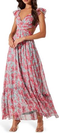 ASTR the Label Primrose Cutout Detail Maxi Dress in Pink Aqua Floral at Nordstrom, Size Medium