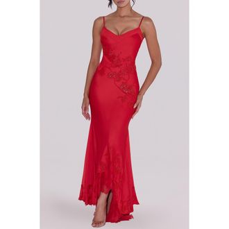 House of CB Anastelle Bead Embellished Satin Mermaid Gown in Red at Nordstrom, Size X-Large