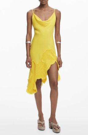 Desigual Embroidered Asymmetric Hem Satin Slipdress in Yellow at Nordstrom, Size Large
