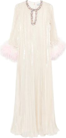 Self Portrait Maxi-jurk verfraaid met veren - Beige