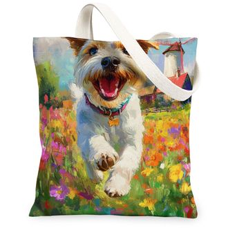 Generic Spring Russell Terrier Dog Canvas Tote Bag for Shopping 13x15, Country Garden Puppy Reusable Grocery Print Pattern Bag for Women, Fun Flower Pet Beach