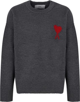 Ami Maglione in lana grigia con logo Ami de Coeur - - Knitwear - Uomo - Grigio - M